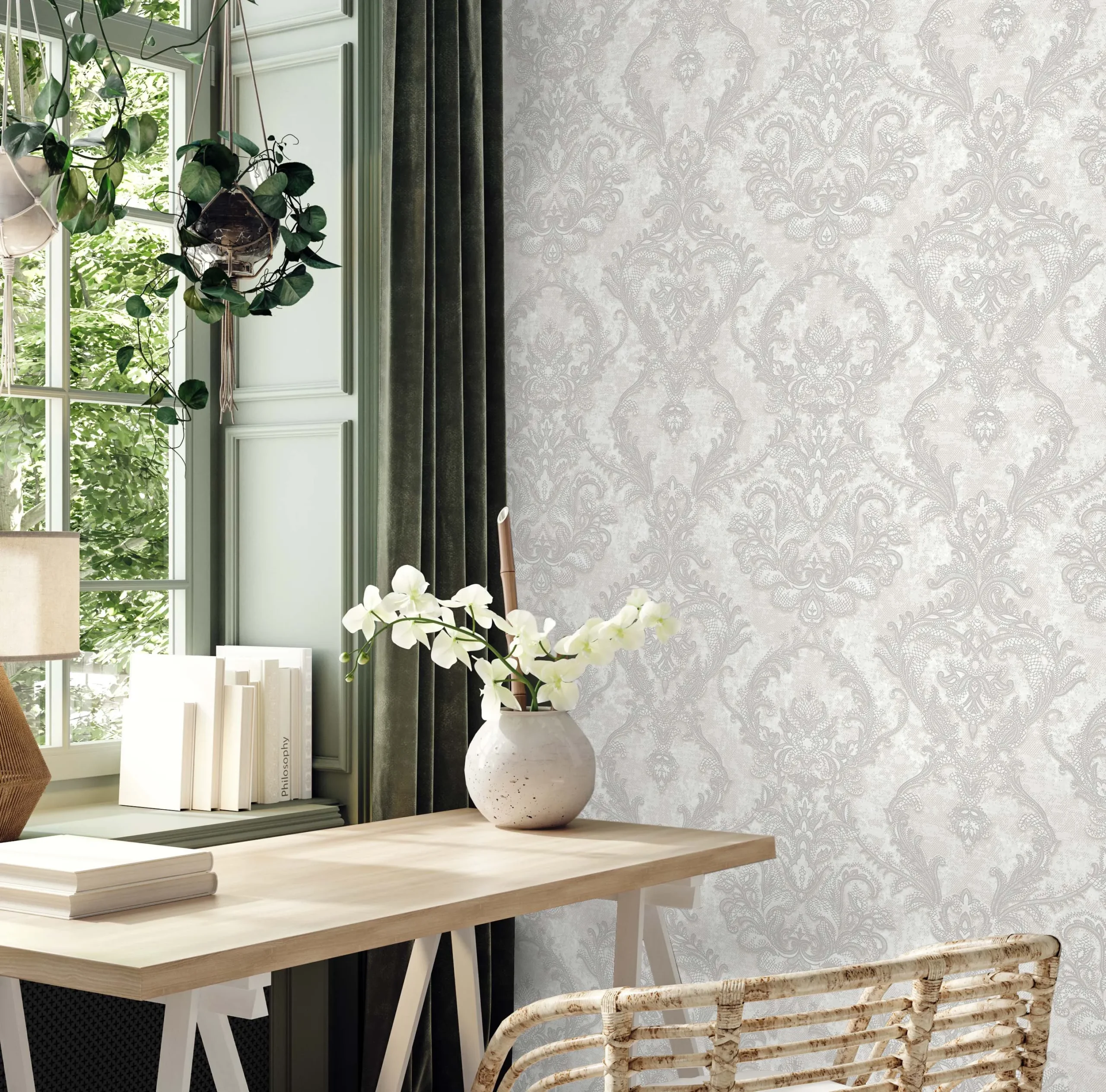 Gray Embossed Wallpaper – Flocked Shimmering (1303-1) Gray Embossed Wallpaper – Flocked Shimmering (1303-1)