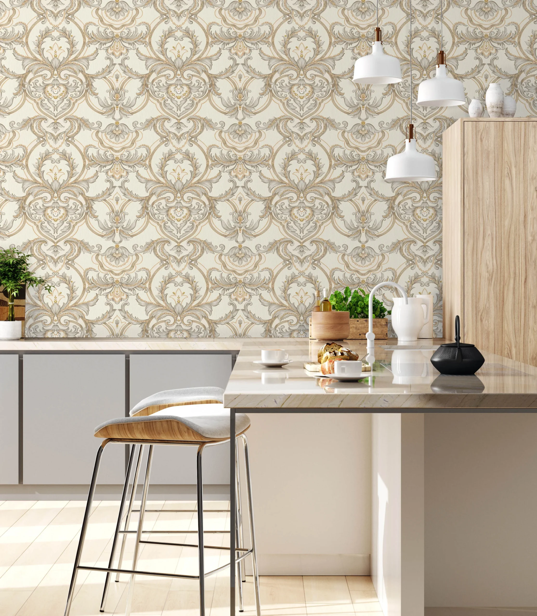 Beige Embossed Wallpaper – Gold Accents (1308-2)