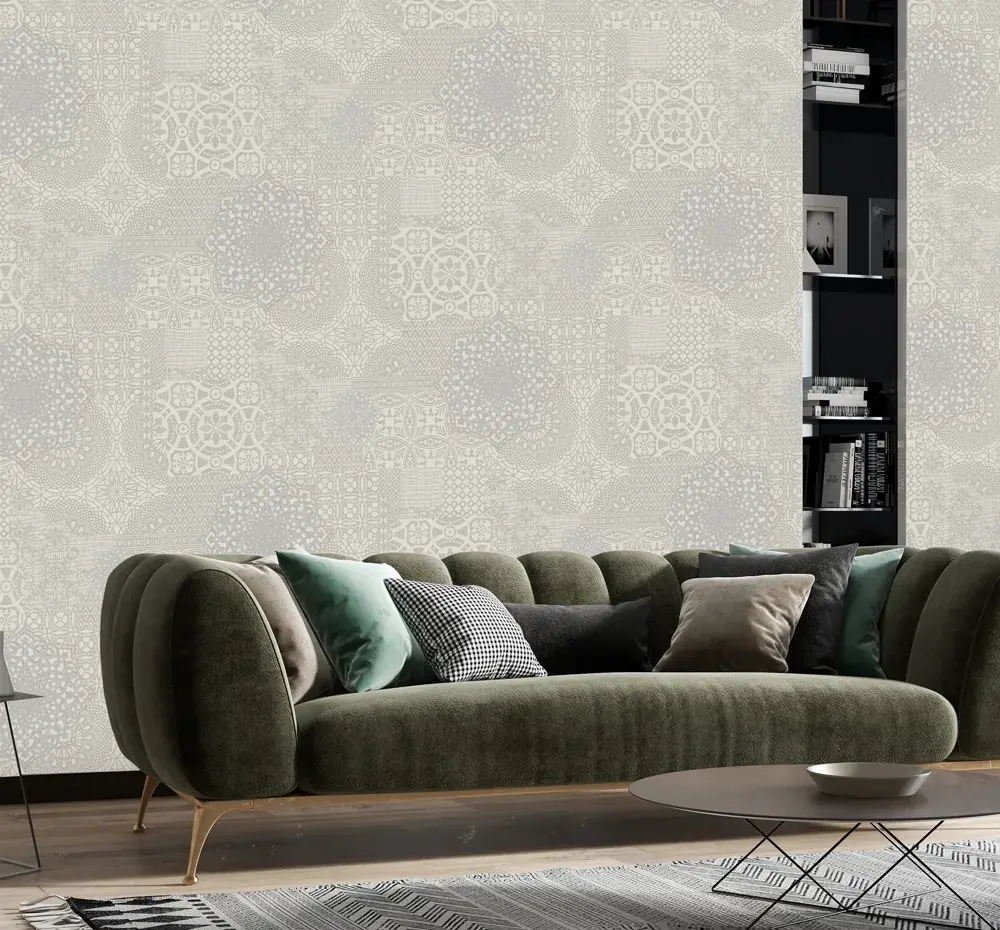 Beige Embossed Wallpaper – Flocked Velvet (1409-1)