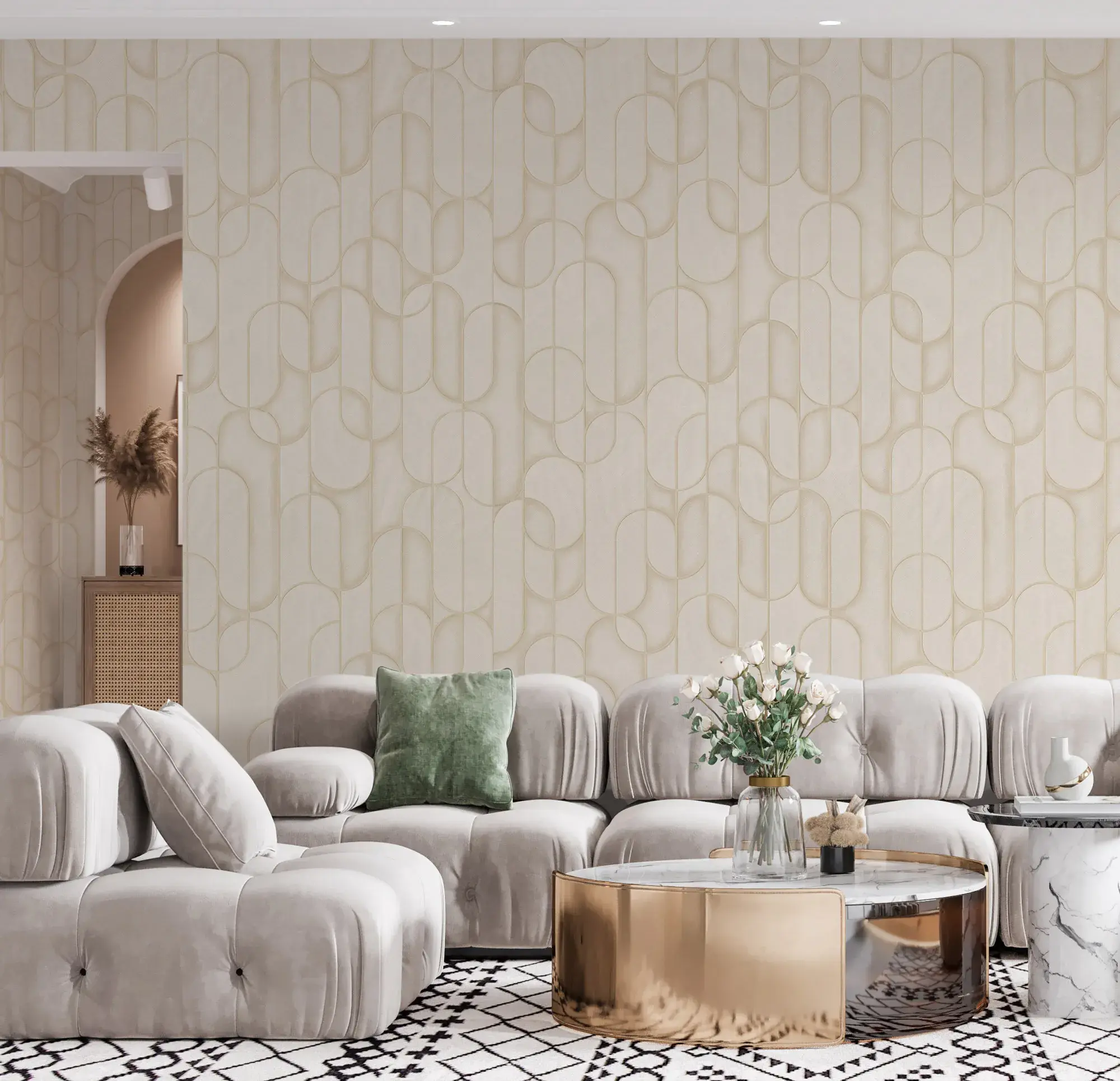 Beige Embossed Wallpaper – Velvet Flocked (1514-2)